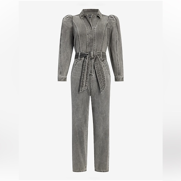 Express Puff Sleeve Tie Waist Gray Wash Denim Jumpsuit 6 - Picture 9 of 16